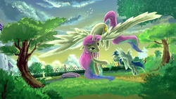 Size: 3000x1688 | Tagged: safe, artist:ruffu, princess celestia, oc, alicorn, pony, g4, flying, park