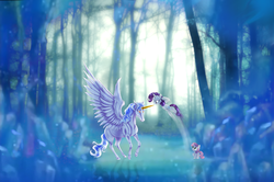 Size: 4920x3270 | Tagged: dead source, safe, artist:lova-gardelius, rarity, sweetie belle, alicorn, pony, unicorn, g4, crossover, female, filly, forest, mare, sailor moon (series), spread wings, wings