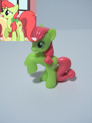 Size: 1200x1600 | Tagged: safe, screencap, peachy sweet, pony, g4, apple family, apple family member, background pony, blind bag, comparison, figure, irl, photo, toy