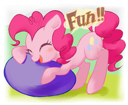 Size: 970x800 | Tagged: safe, artist:pash_hn, pinkie pie, earth pony, pony, g4, ball, cute, dialogue, diapinkes, eyes closed, female, fun, happy, mare, open mouth, open smile, pixiv, smiling, solo