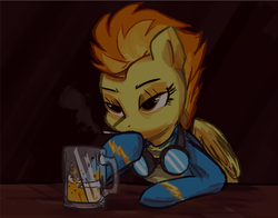 Size: 987x772 | Tagged: safe, artist:herny, spitfire, pegasus, pony, g4, alcohol, bar, beer, clothes, female, goggles, mare, smoking, solo, uniform, wonderbolts uniform