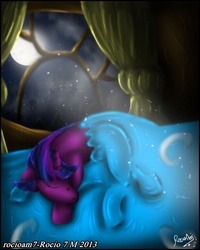 Size: 2292x2859 | Tagged: safe, artist:rocioam7, twilight sparkle, g4, bed, female, golden oaks library, moon, moonlight, sleeping, solo