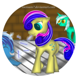 Size: 894x894 | Tagged: safe, artist:rocioam7, bon bon, lyra heartstrings, minuette, sweetie drops, earth pony, pony, unicorn, g4, bon bon is not amused, grin, lyra is not amused, magic, smiling, telekinesis, toothbrush, trio, unamused