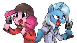 Size: 1228x682 | Tagged: safe, artist:herny, pinkie pie, trixie, earth pony, pony, unicorn, g4, female, mare, medic, medic (tf2), microphone, parody, simple background, soldier, soldier (tf2), team fortress 2, transparent background