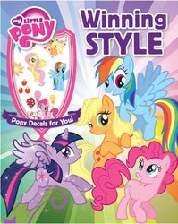 Size: 398x500 | Tagged: safe, applejack, fluttershy, pinkie pie, rainbow dash, twilight sparkle, alicorn, pony, g4, official, background pony rarity, book, cover, decal, female, mare, merchandise, style, twilight sparkle (alicorn), winning, winning style