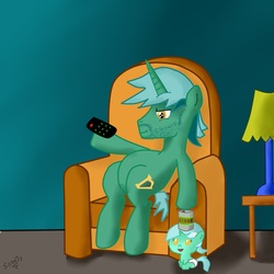 Size: 1200x1200 | Tagged: safe, artist:scootyloo, lyra heartstrings, g4, armchair, chair, cider, duo, father, female, filly, filly lyra, foal, lamp, lyra's father, parent, remote, younger