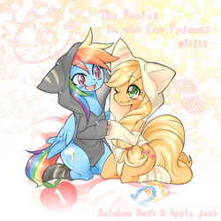 Size: 800x800 | Tagged: safe, artist:nabebuta, applejack, rainbow dash, pony, g4, applecat, clothes, duo, female, lesbian, one eye closed, pajamas, pixiv, rainbow cat, ship:appledash, shipping, smiling