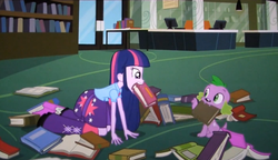 Size: 1411x811 | Tagged: safe, spike, twilight sparkle, dog, equestria girls, g4, my little pony equestria girls, bibliovore, book, humans doing horse things, mouth hold, spike the dog