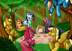 Size: 1361x959 | Tagged: safe, artist:reaperfox, applejack, fluttershy, pinkie pie, rainbow dash, rarity, twilight sparkle, oc, g4, blanket, forest, mane six, picnic, tea, teapot