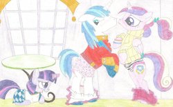 Size: 1024x635 | Tagged: safe, artist:wjmmovieman, princess cadance, shining armor, twilight sparkle, pony, g4, assisted exposure, blushing, bow, boxers, clothes, embarrassed, embarrassed underwear exposure, female, filly, filly twilight sparkle, flashback, frilly underwear, hair bow, humiliation, kissing, magic, magic abuse, panties, pants, pants down, pantsing, pink underwear, polka dot underwear, prank, ribbon, silly panties, skirt, striped underwear, stripped by magic, sweater, teen princess cadance, traditional art, underwear, undressing, we don't normally wear clothes, white underwear, younger, zebra print underwear