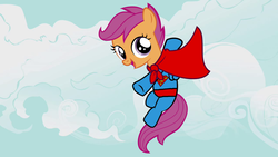 Size: 1920x1080 | Tagged: safe, artist:ahumeniy, edit, scootaloo, pegasus, pony, g4, one bad apple, clothes, cloud, cloudy, costume, day, female, flying, male, sky, solo, superman