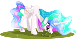 Size: 2000x1024 | Tagged: safe, artist:dcpip, princess celestia, alicorn, pony, g4, concave belly, cute, cutelestia, eating, ethereal mane, ethereal tail, eyelashes, female, grass, grazing, herbivore, horses doing horse things, missing accessory, open mouth, princess celestia is a horse, slender, solo, tail, thin