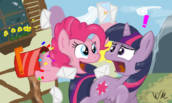 Size: 854x512 | Tagged: safe, artist:reformational, pinkie pie, twilight sparkle, pony, unicorn, g4, cottage, exclamation point, letter, mailbox, ponyville, surprised, unicorn twilight