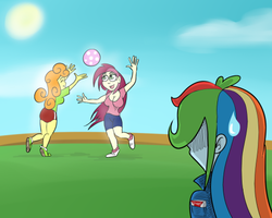 Size: 500x400 | Tagged: safe, artist:catfood-mcfly, carrot top, golden harvest, rainbow dash, roseluck, equestria girls, g4, my little pony equestria girls, cropped, female, incestria girls, lesbian, sweat, sweatdrop