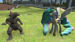 Size: 1024x576 | Tagged: safe, princess celestia, alicorn, kaiju, pony, g4, 3d, gmod, godzilla, godzilla (series), spread wings