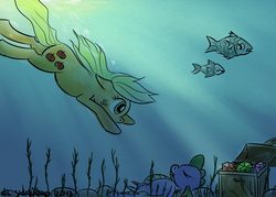 Size: 840x600 | Tagged: safe, artist:el-yeguero, applejack, spike, fish, g4, chest, crepuscular rays, eyes closed, floppy ears, gem, seaweed, swimming, underwater