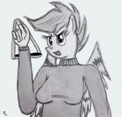 Size: 1500x1441 | Tagged: safe, artist:codeluxor, scootaloo, anthro, g4, clothes, female, goggles, monochrome, older, solo, stalkerloo, sweater, turtleneck