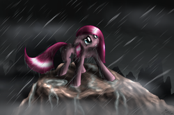 Size: 1465x974 | Tagged: safe, artist:cheecatkatfury, pinkie pie, g4, female, hill, night, pinkamena diane pie, rain, solo