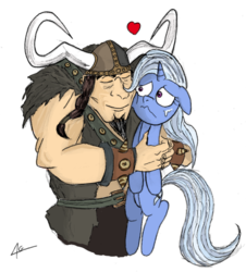 Size: 850x939 | Tagged: safe, artist:legaffeur, trixie, human, g4, crossover, crying, disney, heart, helmet, hug, tangled (disney), vladimir