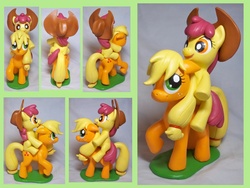 Size: 1600x1200 | Tagged: safe, artist:cadmiumcrab, apple bloom, applejack, g4, accessory swap, apple bloom riding applejack, craft, irl, photo, ponies riding ponies, riding, sculpture