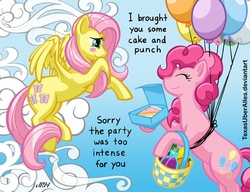 Size: 720x553 | Tagged: safe, artist:texasuberalles, fluttershy, pinkie pie, earth pony, pegasus, pony, g4, balloon, basket, cake, cloud, cloudy, duo, female, floating, flying, food, mare, picnic basket, then watch her balloons lift her up to the sky