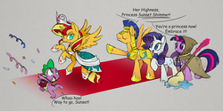 Size: 1295x646 | Tagged: safe, artist:hydro-king, clover the clever, flash sentry, rarity, spike, sunset shimmer, twilight sparkle, alicorn, pegasus, pony, unicorn, g4, alicornified, alternate universe, carpet, clothes, coronation, dress, element of magic, mop, princess, race swap, red carpet, shimmercorn, unicorn twilight