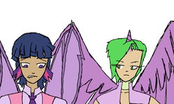 Size: 1000x600 | Tagged: safe, artist:15madycat, spike, twilight sparkle, g4, barb, dusk shine, horn, horned humanization, humanized, rule 63, species swap, twilight sparkle (alicorn), winged humanization