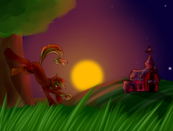 Size: 2100x1600 | Tagged: safe, artist:royalppurpl3, applejack, g4, applebucking, female, solo, sunset, sweet apple acres, tree