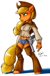 Size: 729x1096 | Tagged: safe, artist:gabbstuff, applejack, earth pony, anthro, unguligrade anthro, g4, female, gun, pistol, revolver, solo, weapon