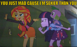 Size: 796x485 | Tagged: safe, edit, edited screencap, screencap, spike, sunset shimmer, twilight sparkle, dog, equestria girls, g4, my little pony equestria girls, caption, female, image macro, male, meme, spike the dog