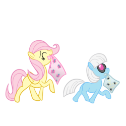 Size: 600x600 | Tagged: safe, artist:hudoyjnik, fluttershy, photo finish, earth pony, pegasus, pony, g4, duo, duo female, female, filly, filly finish, filly fluttershy, foal, mouth hold, pillow, simple background, transparent background, younger