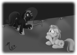 Size: 900x649 | Tagged: safe, artist:ciscoql, dinky hooves, oc, oc:nyx, fanfic:past sins, g4, duo, grayscale, monochrome, school play