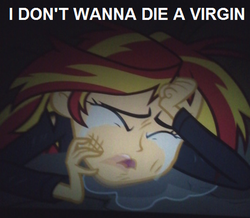 Size: 478x416 | Tagged: safe, edit, edited screencap, screencap, sunset shimmer, equestria girls, g4, my little pony equestria girls, caption, clothes, crying, female, image macro, jacket, meme, solo, virgin