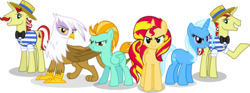 Size: 5226x1942 | Tagged: safe, artist:vector-brony, flam, flim, gilda, lightning dust, sunset shimmer, trixie, griffon, pony, g4, antagonist, flim flam brothers, simple background, transparent background, vector