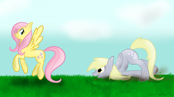 Size: 4500x2500 | Tagged: safe, artist:wonder-waffle, derpy hooves, fluttershy, pegasus, pony, g4, duo, female, following, mare