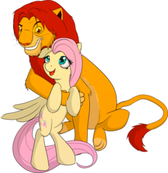 Size: 1607x1650 | Tagged: safe, artist:xonxt, fluttershy, big cat, lion, g4, crossover, hug, simba, the lion king