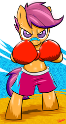 Size: 508x950 | Tagged: safe, artist:slypon, scootaloo, pegasus, pony, g4, bipedal, boxer, boxing gloves, clothes, female, filly, shorts, solo, sweat