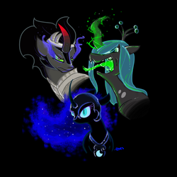 Size: 894x894 | Tagged: safe, artist:cosmic-rust, king sombra, nightmare moon, queen chrysalis, alicorn, changeling, changeling queen, pony, unicorn, g4, antagonist, black background, female, simple background, trio