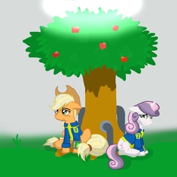 Size: 894x894 | Tagged: safe, artist:tomcullen, applejack, sweetie belle, earth pony, pony, unicorn, fallout equestria, g4, alternate cutie mark, apple, apple tree, clothes, duo, fanfic, fanfic art, female, floppy ears, food, hat, hooves, horn, jumpsuit, mare, ministry mares, pipbuck, sitting, stable (vault), stable 2, tree, vault suit