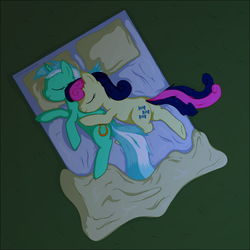 Size: 3000x3000 | Tagged: safe, artist:stinkehund, bon bon, lyra heartstrings, sweetie drops, earth pony, pony, unicorn, g4, bed, blanket, eyes closed, female, fluffy, grass, lesbian, night, outdoors, ship:lyrabon, shipping, sleeping, smiling