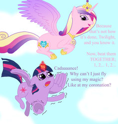 Size: 1024x1082 | Tagged: safe, artist:goldfox20, princess cadance, twilight sparkle, alicorn, pony, g4, female, flying lesson, horn, horn ring, magic suppression, mare, twilight sparkle (alicorn)