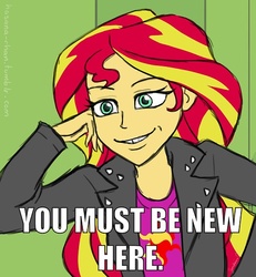 Size: 500x541 | Tagged: safe, artist:hasana-chan, sunset shimmer, equestria girls, g4, 30 minute art challenge, caption, condescending sunset, condescending wonka, female, image macro, meme, roald dahl, solo, willy wonka and the chocolate factory, you must be new here