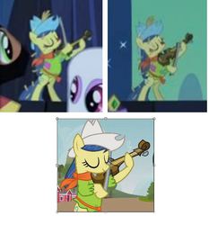 Size: 538x577 | Tagged: safe, edit, edited screencap, screencap, berry punch, berryshine, fiddlesticks, meadow song, earth pony, pony, apple family reunion, g4, luna eclipsed, apple family member, fiddle, image macro, meme