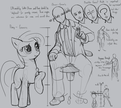 Size: 1182x1049 | Tagged: safe, artist:stoic5, oc, oc only, oc:anon, earth pony, human, pony, unicorn, /mlp/, anon in equestria, clothes, female, mare, scrunchy face, sitting, size chart, sketch, suit