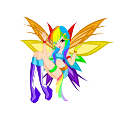 Size: 3300x3500 | Tagged: safe, artist:iikiui, rainbow dash, fairy, human, equestria girls, g4, believix, belly button, clothes, colored wings, fairy wings, fairyized, female, fingerless gloves, gloves, gradient wings, humanized, midriff, multicolored wings, purple shoes, rainbow wings, solo, sparkly wings, sports bra, style emulation, wings, winx, winx club, winxified