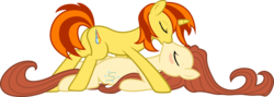 Size: 8797x3144 | Tagged: safe, artist:rainbowplasma, oc, oc only, oc:bright ember, oc:caramel curve, earth pony, pony, unicorn, blushing, butt, female, kiss on the lips, kissing, lesbian, plot