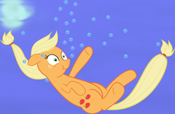 Size: 954x622 | Tagged: safe, artist:halflingpony, applejack, earth pony, pony, g4, bubble, drowning, female, holding breath, mare, solo, underwater, wip