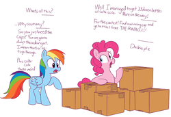 Size: 1128x772 | Tagged: safe, artist:lance, pinkie pie, ponyacci, rainbow dash, earth pony, pegasus, pony, g4, boxes, coca-cola, duo, female, mare, open mouth, raised hoof, simple background, this will end in tears, white background