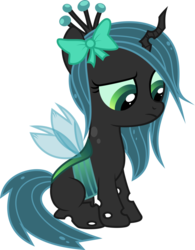 Size: 800x1026 | Tagged: dead source, safe, artist:bubblestormx, queen chrysalis, changeling, changeling queen, nymph, g4, bow, cute, cutealis, female, filly, frown, looking down, raised eyebrow, sad, simple background, sitting, solo, transparent background, vector, younger