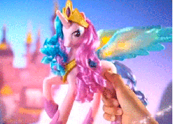 Size: 425x305 | Tagged: safe, artist:jeweledqueen, princess celestia, alicorn, human, pony, g4, animated, blue wings, colored wings, commercial, electronic toy, female, flying, irl, irl human, let's fly to the castle, mare, photo, pinklestia, toy, wings